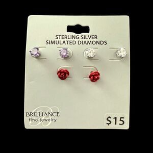 Brilliance Sterling Silver Simulated Diamond Clear Purple Earrings Set Red Rose